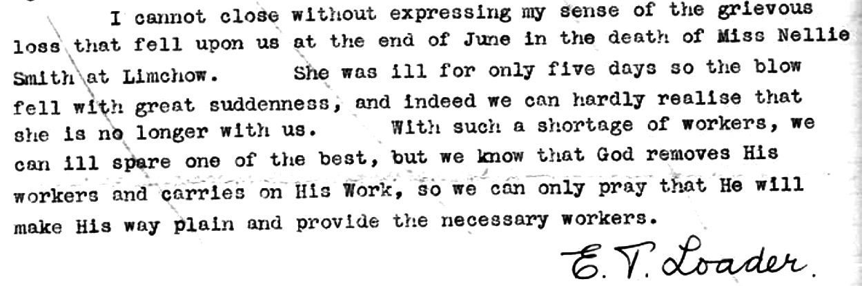 Letter from the Rev. E.T. Loader on Nellie’s Death